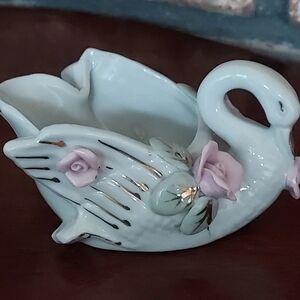 Vintage Porcelain Swan With Roses Figurine Trinket Dish Hammer Brand Japan